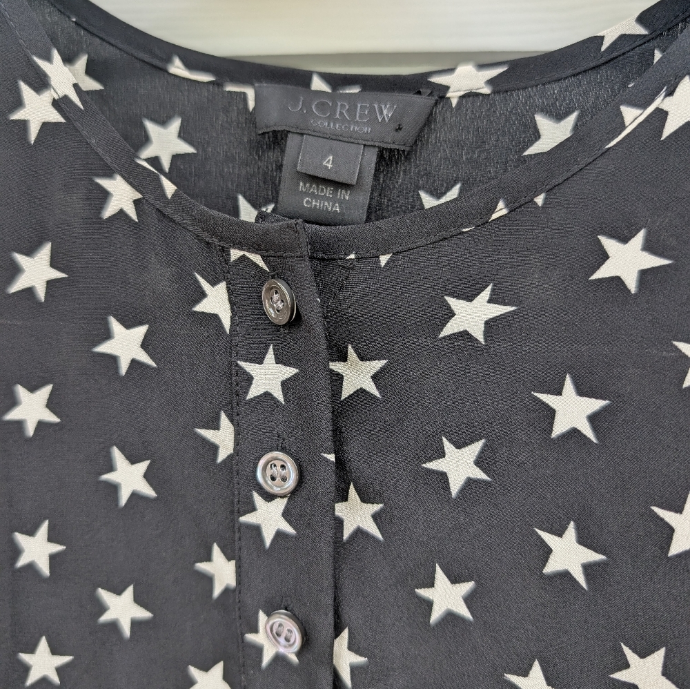 J Crew Dress Midi Silk Lined Size 4 Black Star Print Buttons At Front Long Sleev - Picture 7 of 8